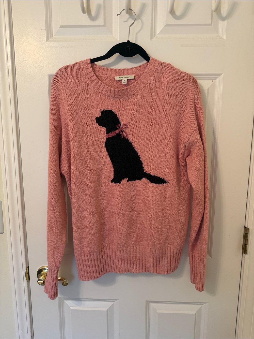 Francesca's Collections Pink Crewneck Sweater with Black Dog Graphic medium